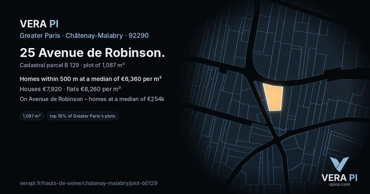 25 Avenue de Robinson, Châtenay-Malabry at night – the plot lit, the parcels around coloured by the prices near them