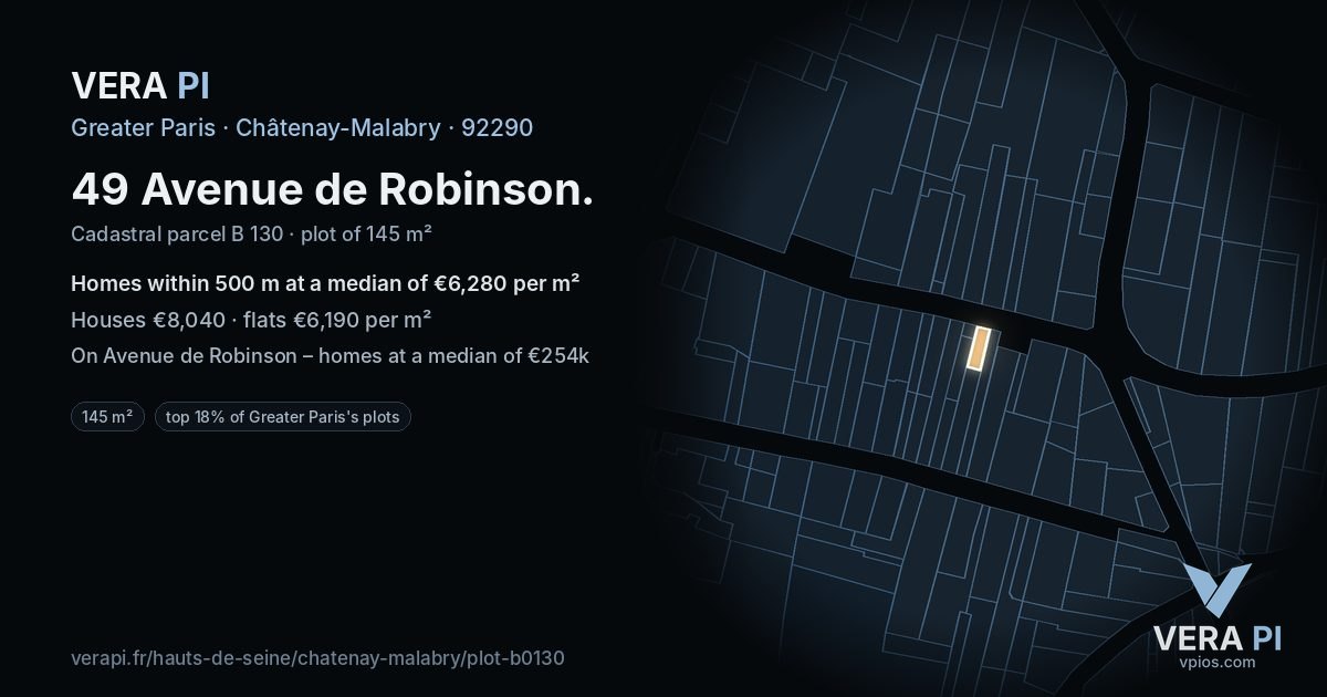 49 Avenue de Robinson, Châtenay-Malabry at night – the plot lit, the parcels around coloured by the prices near them