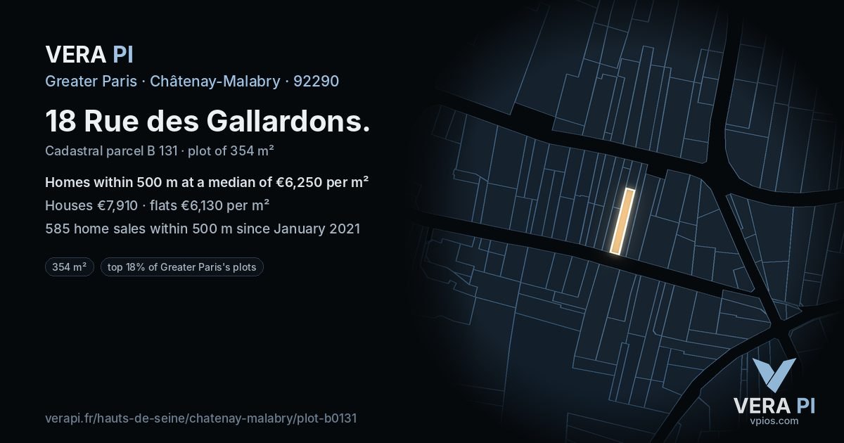 18 Rue des Gallardons, Châtenay-Malabry at night – the plot lit, the parcels around coloured by the prices near them