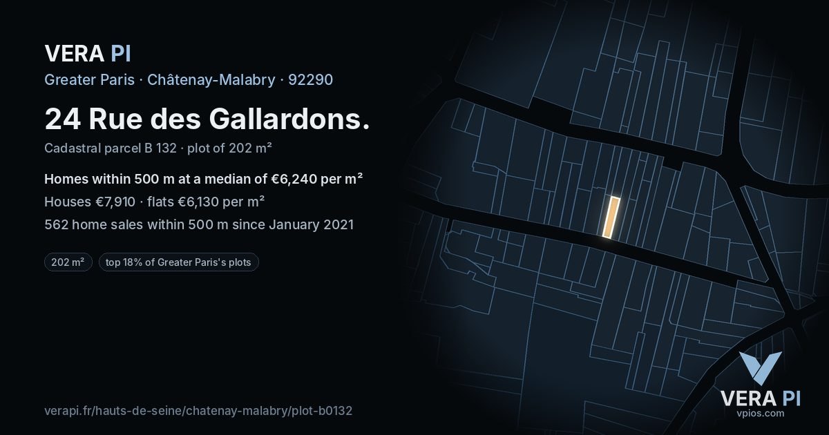 24 Rue des Gallardons, Châtenay-Malabry at night – the plot lit, the parcels around coloured by the prices near them