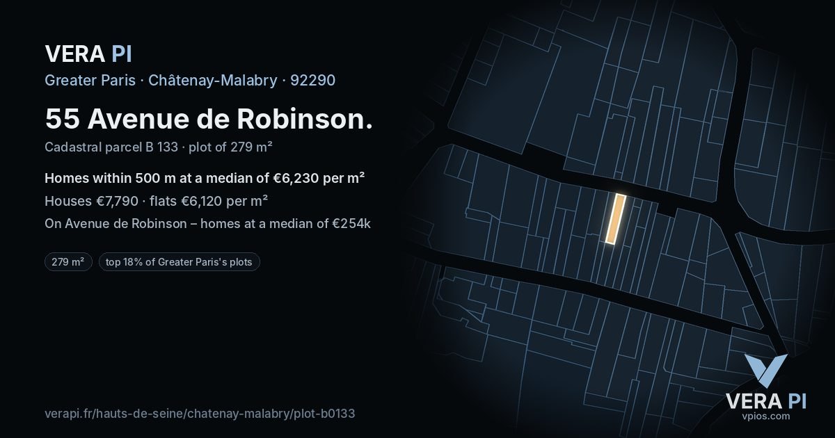 55 Avenue de Robinson, Châtenay-Malabry at night – the plot lit, the parcels around coloured by the prices near them