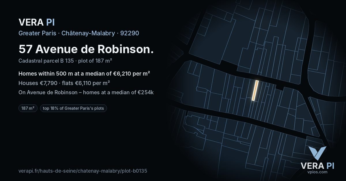 57 Avenue de Robinson, Châtenay-Malabry at night – the plot lit, the parcels around coloured by the prices near them
