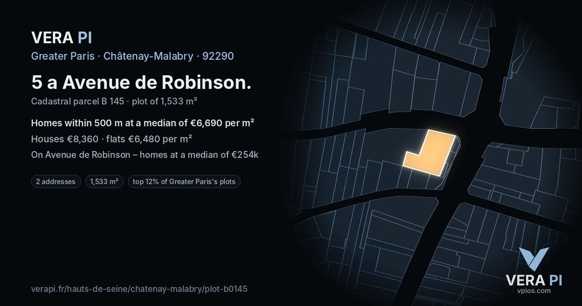 5 a Avenue de Robinson, Châtenay-Malabry at night – the plot lit, the parcels around coloured by the prices near them
