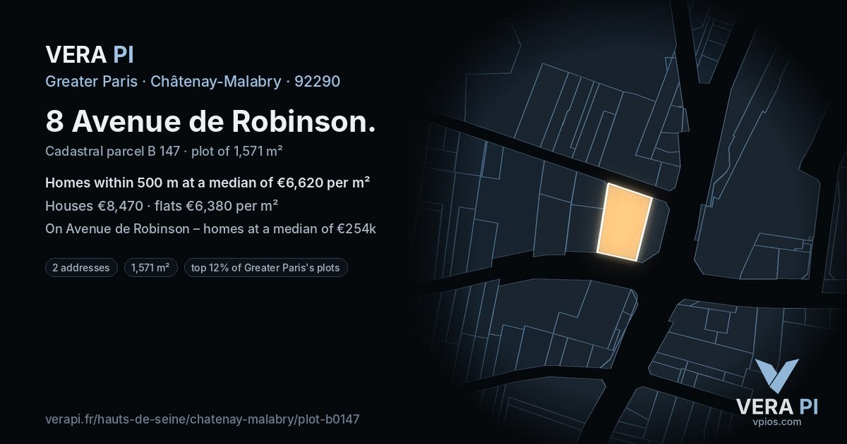 8 Avenue de Robinson, Châtenay-Malabry at night – the plot lit, the parcels around coloured by the prices near them
