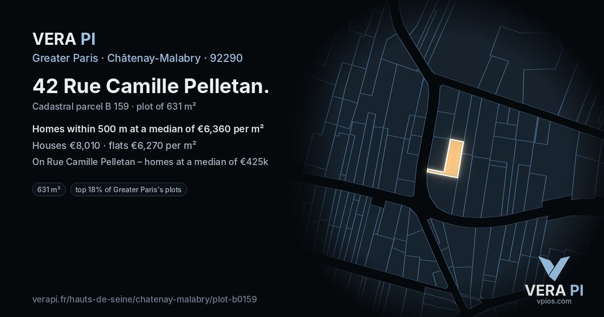 42 Rue Camille Pelletan, Châtenay-Malabry at night – the plot lit, the parcels around coloured by the prices near them