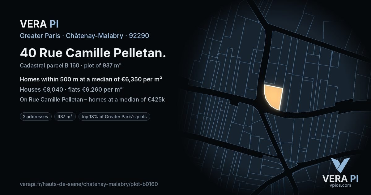 40 Rue Camille Pelletan, Châtenay-Malabry at night – the plot lit, the parcels around coloured by the prices near them