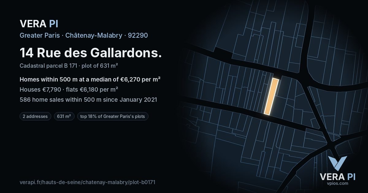 14 Rue des Gallardons, Châtenay-Malabry at night – the plot lit, the parcels around coloured by the prices near them