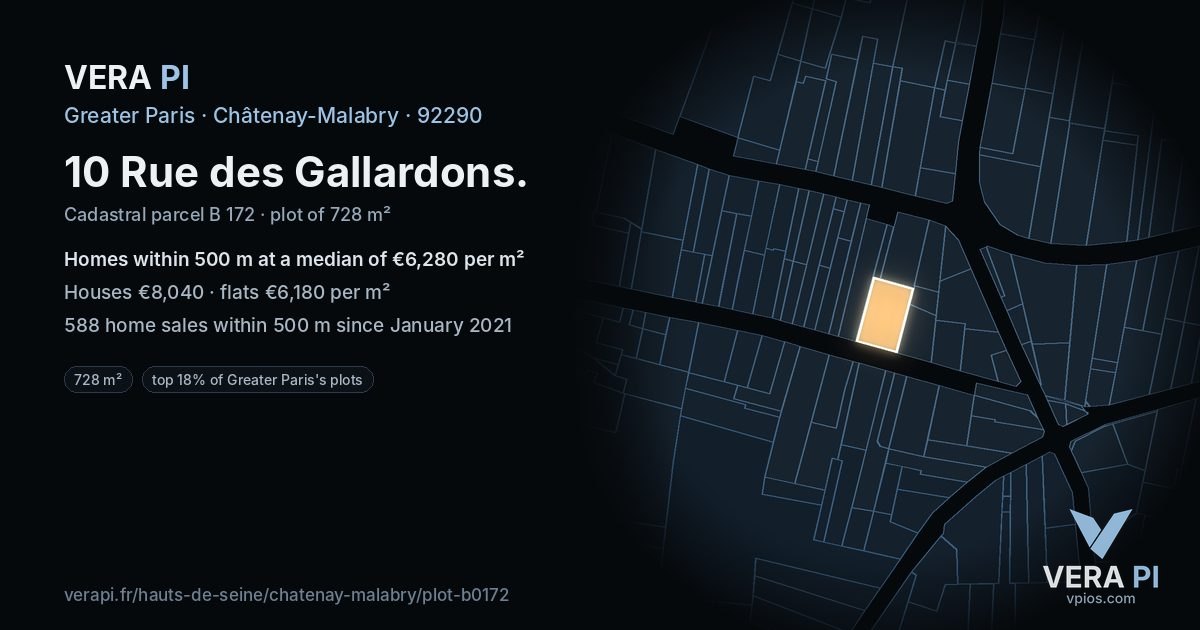 10 Rue des Gallardons, Châtenay-Malabry at night – the plot lit, the parcels around coloured by the prices near them