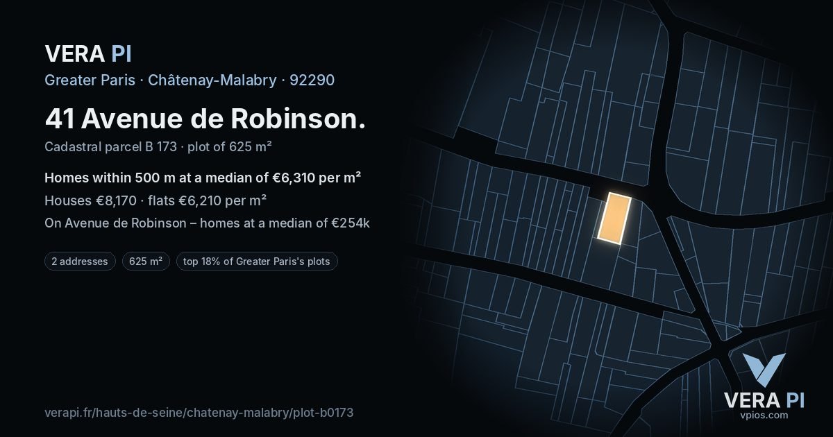 41 Avenue de Robinson, Châtenay-Malabry at night – the plot lit, the parcels around coloured by the prices near them