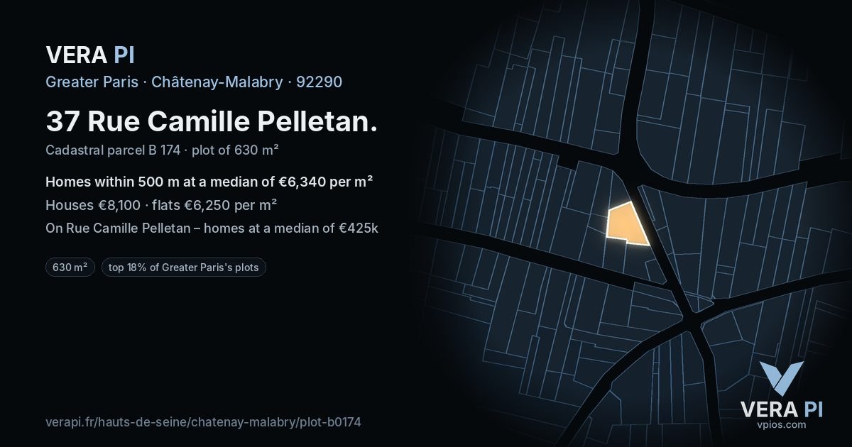 37 Rue Camille Pelletan, Châtenay-Malabry at night – the plot lit, the parcels around coloured by the prices near them