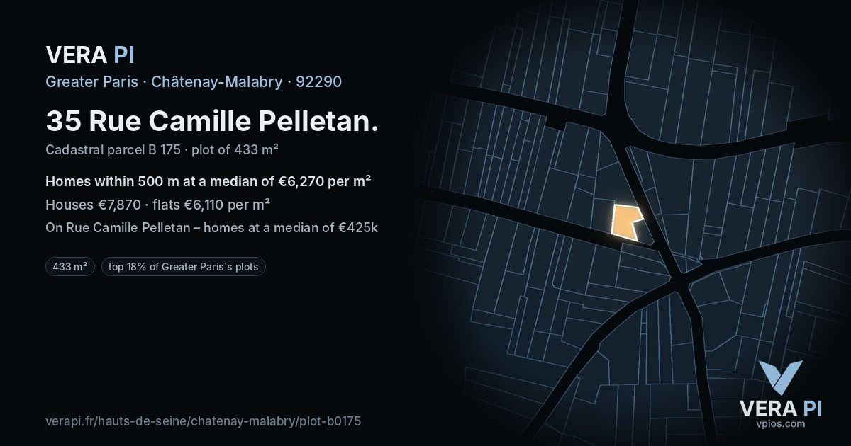 35 Rue Camille Pelletan, Châtenay-Malabry at night – the plot lit, the parcels around coloured by the prices near them