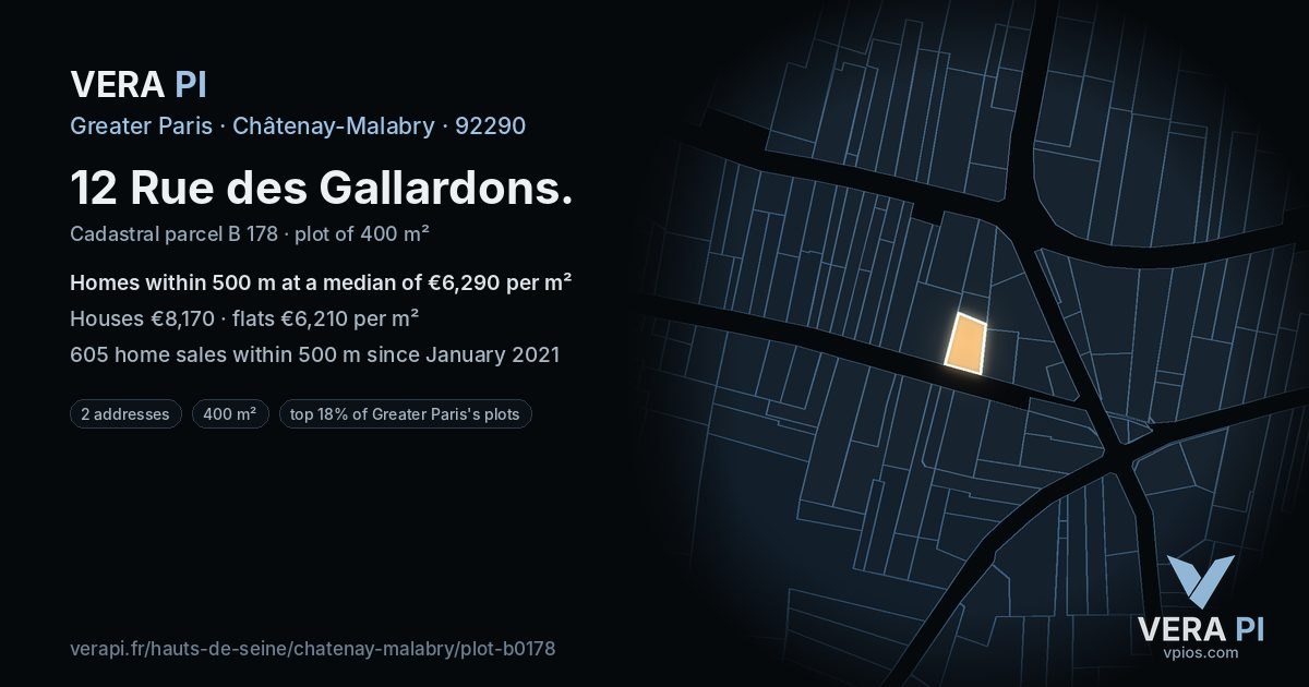 12 Rue des Gallardons, Châtenay-Malabry at night – the plot lit, the parcels around coloured by the prices near them