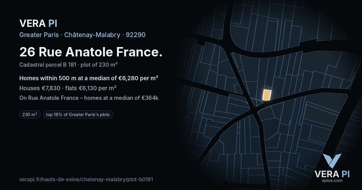 26 Rue Anatole France, Châtenay-Malabry at night – the plot lit, the parcels around coloured by the prices near them