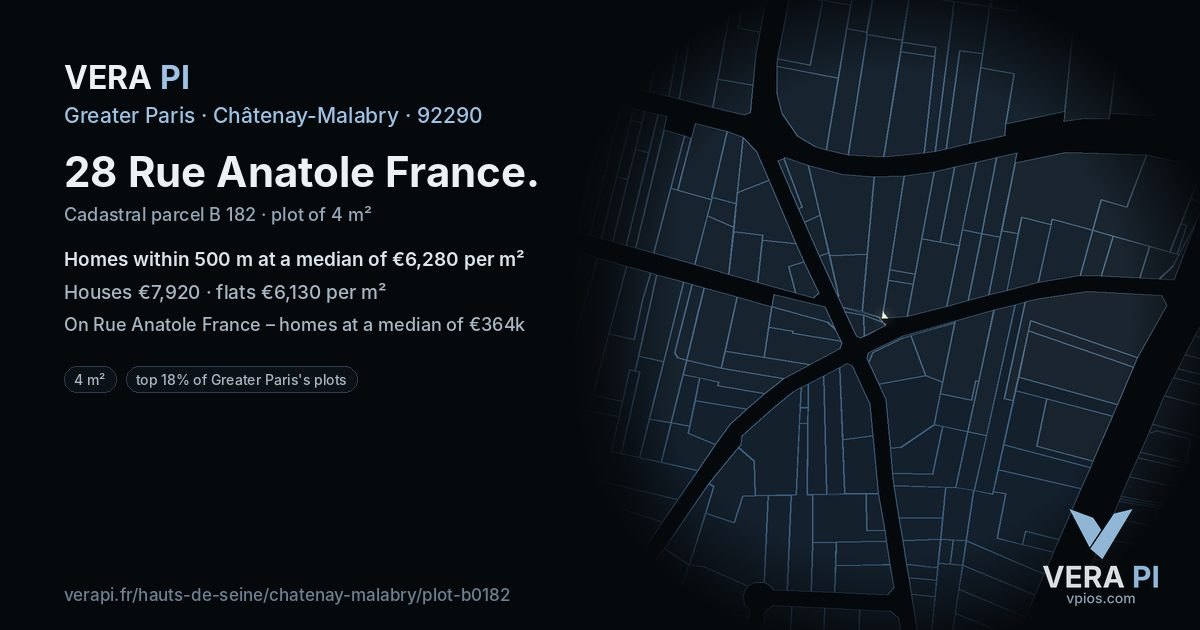 28 Rue Anatole France, Châtenay-Malabry at night – the plot lit, the parcels around coloured by the prices near them