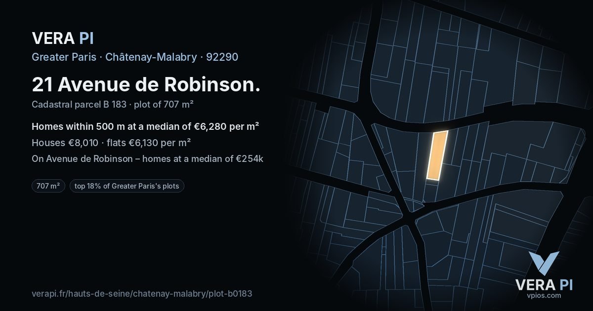21 Avenue de Robinson, Châtenay-Malabry at night – the plot lit, the parcels around coloured by the prices near them