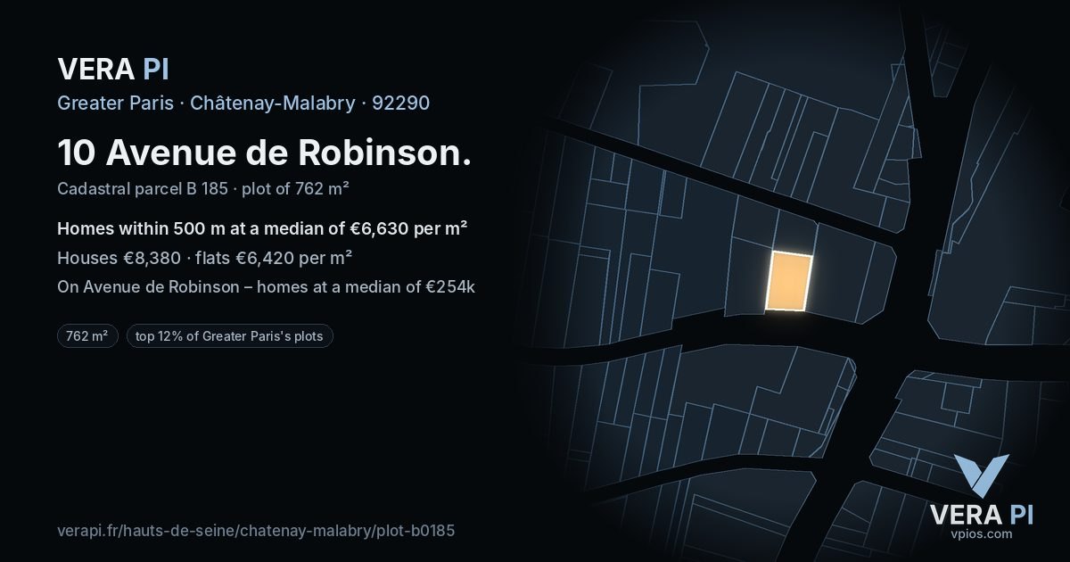 10 Avenue de Robinson, Châtenay-Malabry at night – the plot lit, the parcels around coloured by the prices near them