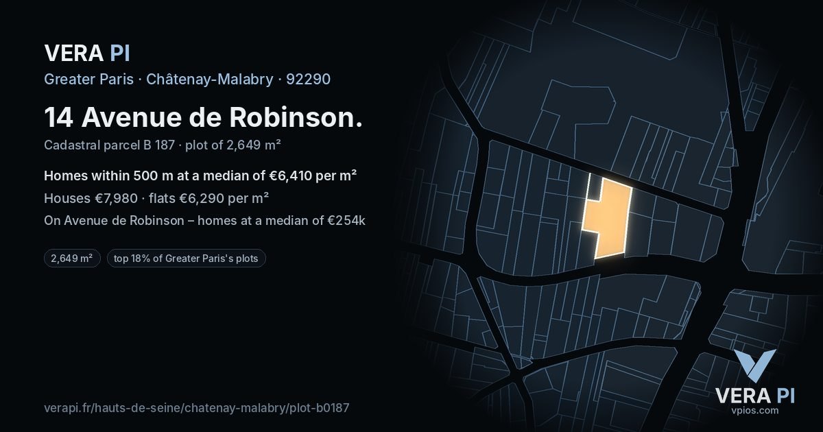 14 Avenue de Robinson, Châtenay-Malabry at night – the plot lit, the parcels around coloured by the prices near them