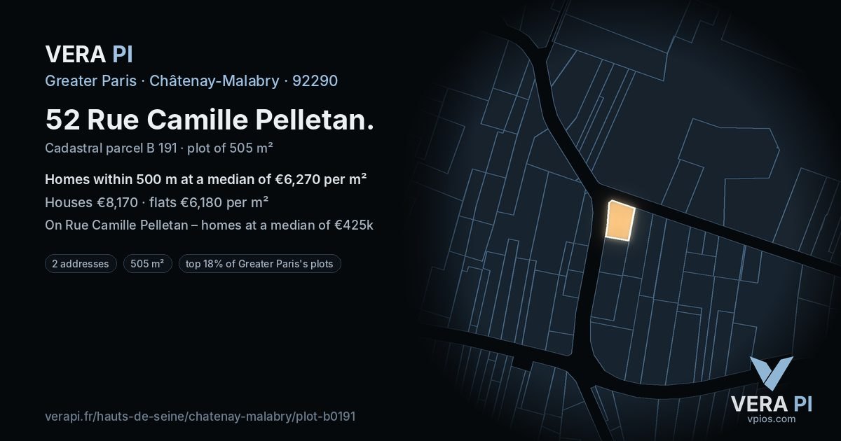 52 Rue Camille Pelletan, Châtenay-Malabry at night – the plot lit, the parcels around coloured by the prices near them