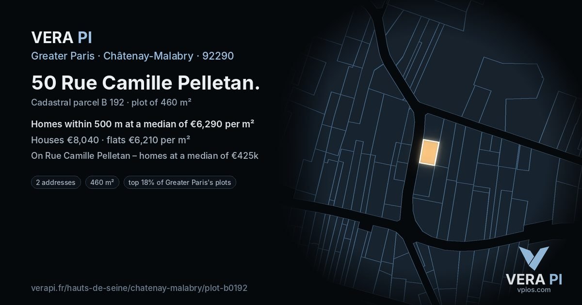 50 Rue Camille Pelletan, Châtenay-Malabry at night – the plot lit, the parcels around coloured by the prices near them