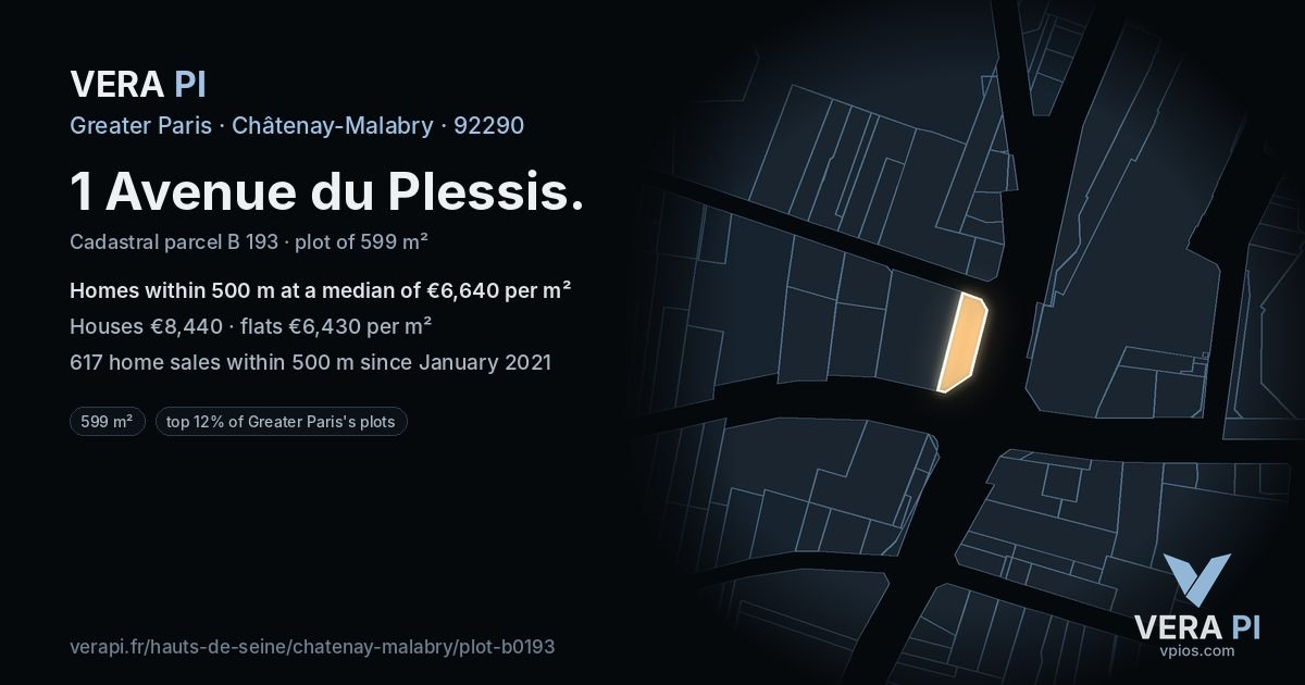 1 Avenue du Plessis, Châtenay-Malabry at night – the plot lit, the parcels around coloured by the prices near them