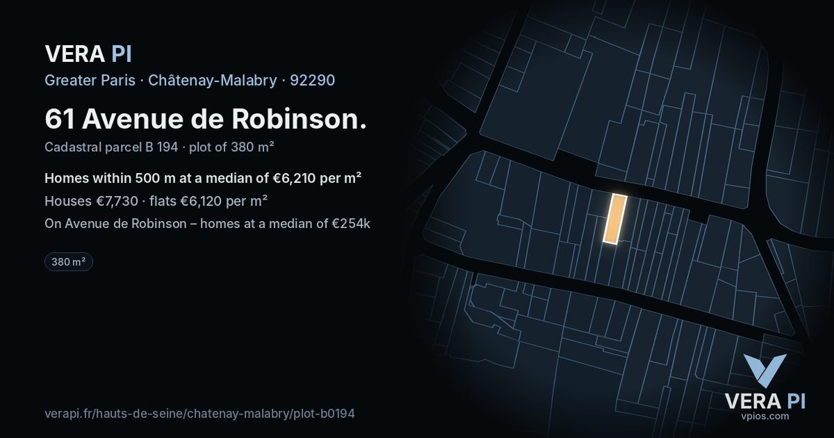 61 Avenue de Robinson, Châtenay-Malabry at night – the plot lit, the parcels around coloured by the prices near them