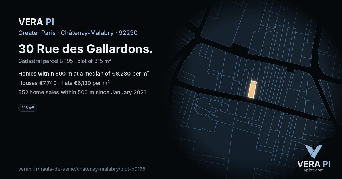 30 Rue des Gallardons, Châtenay-Malabry at night – the plot lit, the parcels around coloured by the prices near them