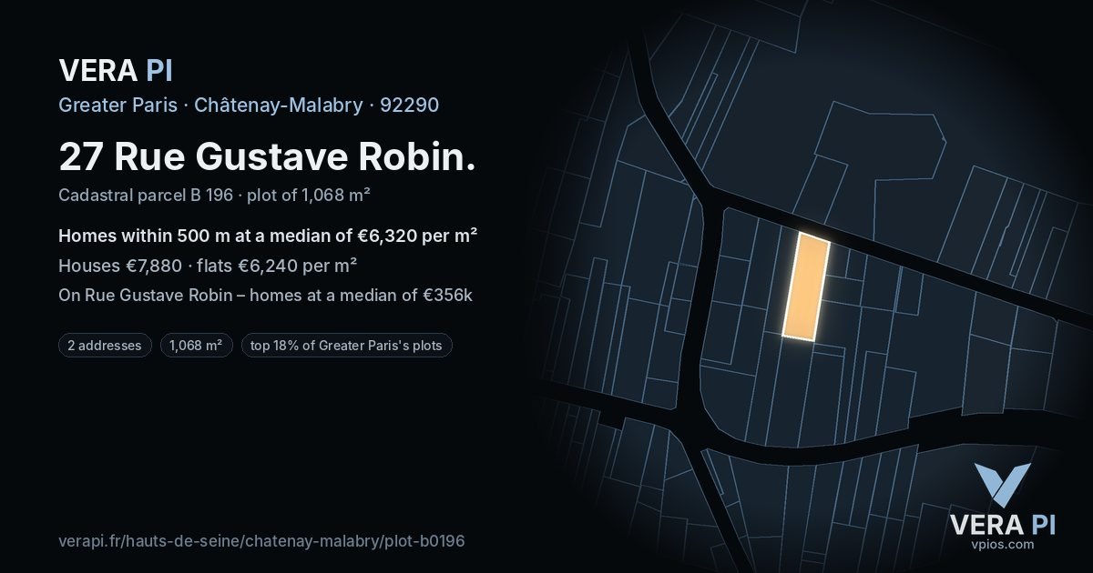 27 Rue Gustave Robin, Châtenay-Malabry at night – the plot lit, the parcels around coloured by the prices near them