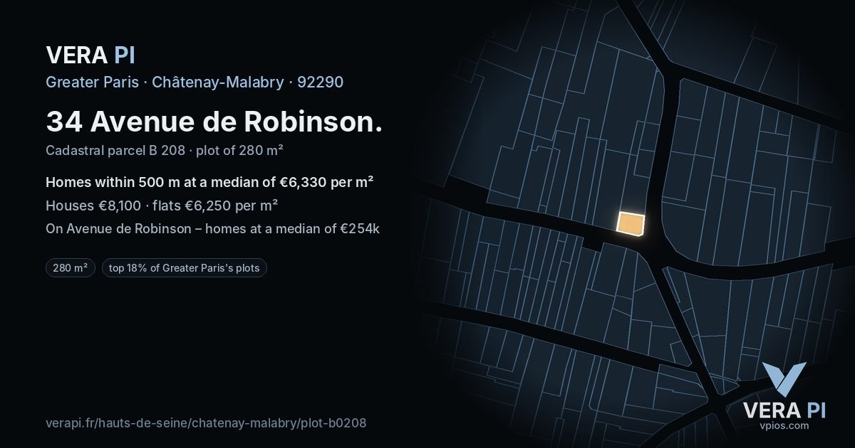 34 Avenue de Robinson, Châtenay-Malabry at night – the plot lit, the parcels around coloured by the prices near them