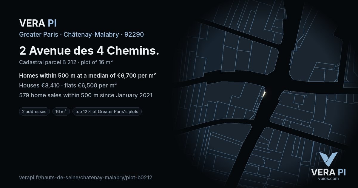 2 Avenue des 4 Chemins, Châtenay-Malabry at night – the plot lit, the parcels around coloured by the prices near them