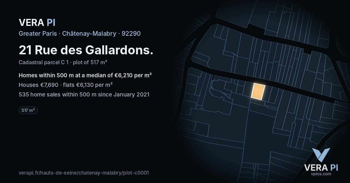 21 Rue des Gallardons, Châtenay-Malabry at night – the plot lit, the parcels around coloured by the prices near them