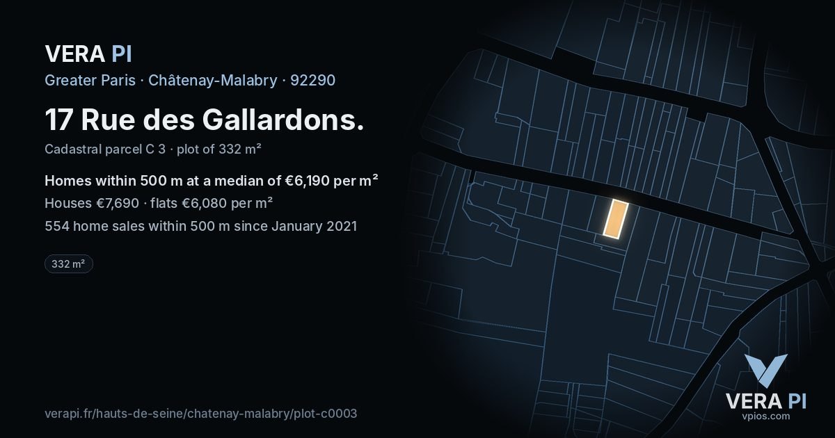 17 Rue des Gallardons, Châtenay-Malabry at night – the plot lit, the parcels around coloured by the prices near them