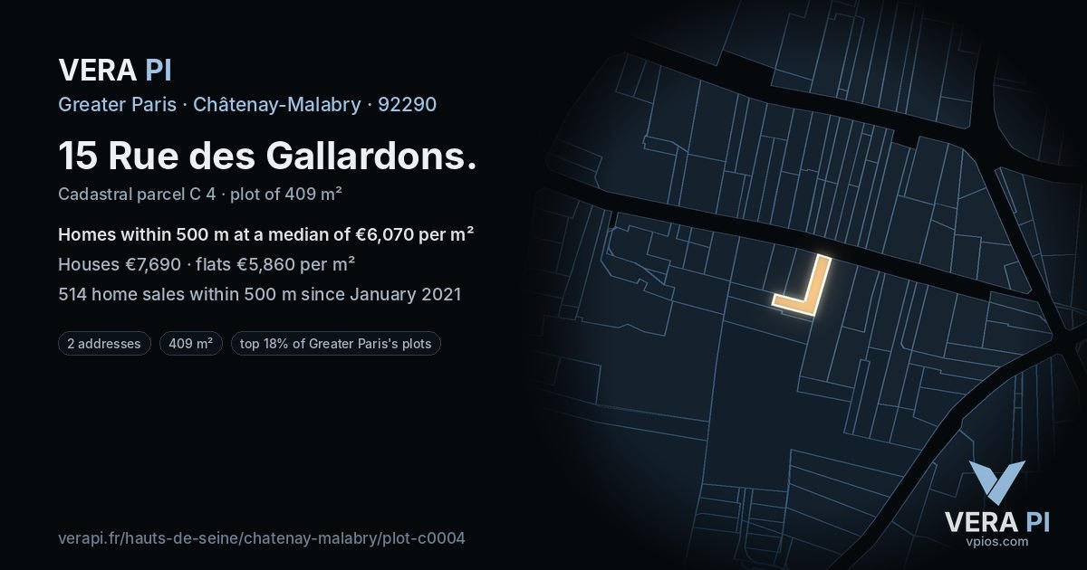 15 Rue des Gallardons, Châtenay-Malabry at night – the plot lit, the parcels around coloured by the prices near them
