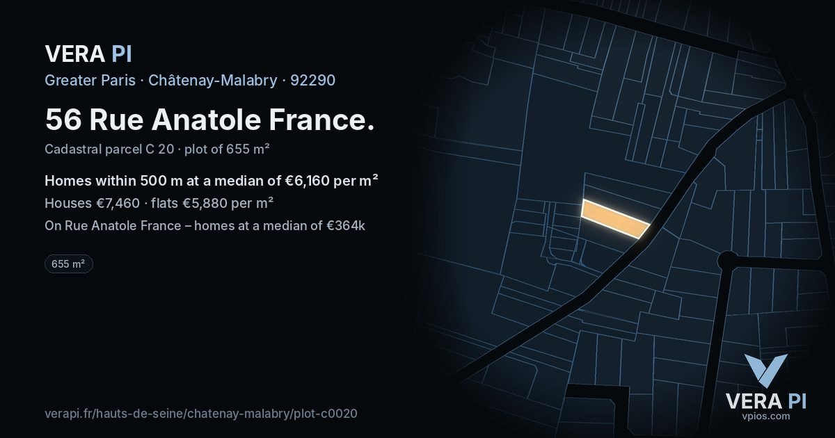 56 Rue Anatole France, Châtenay-Malabry at night – the plot lit, the parcels around coloured by the prices near them