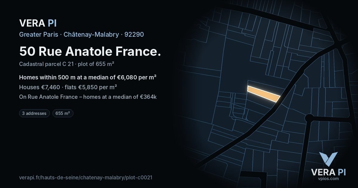 50 Rue Anatole France, Châtenay-Malabry at night – the plot lit, the parcels around coloured by the prices near them