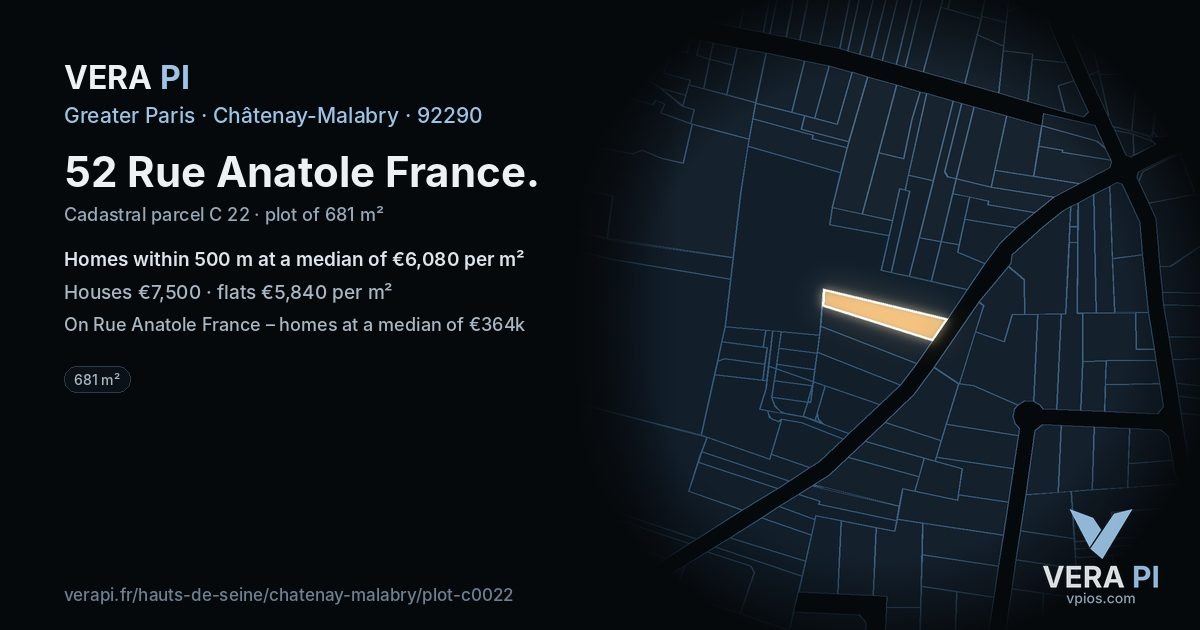 52 Rue Anatole France, Châtenay-Malabry at night – the plot lit, the parcels around coloured by the prices near them