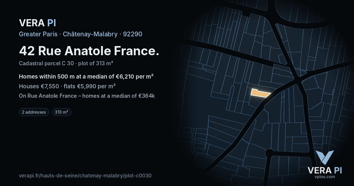 42 Rue Anatole France, Châtenay-Malabry at night – the plot lit, the parcels around coloured by the prices near them