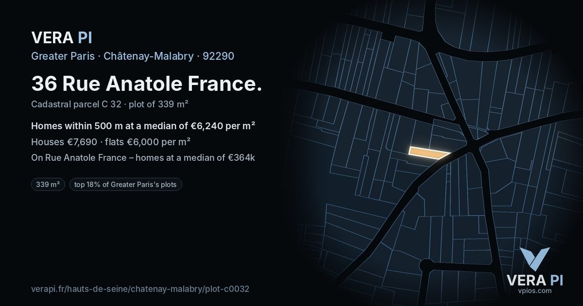 36 Rue Anatole France, Châtenay-Malabry at night – the plot lit, the parcels around coloured by the prices near them
