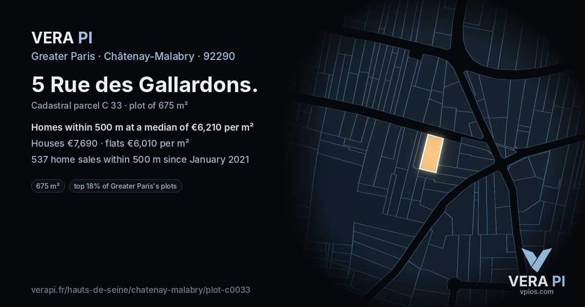 5 Rue des Gallardons, Châtenay-Malabry at night – the plot lit, the parcels around coloured by the prices near them