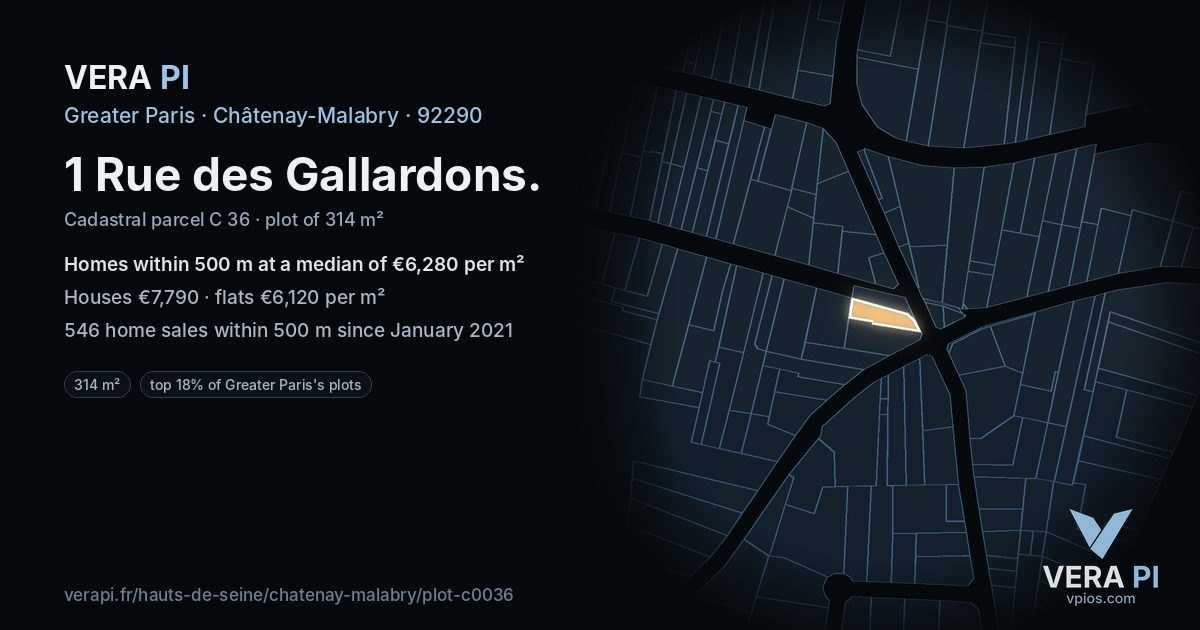 1 Rue des Gallardons, Châtenay-Malabry at night – the plot lit, the parcels around coloured by the prices near them