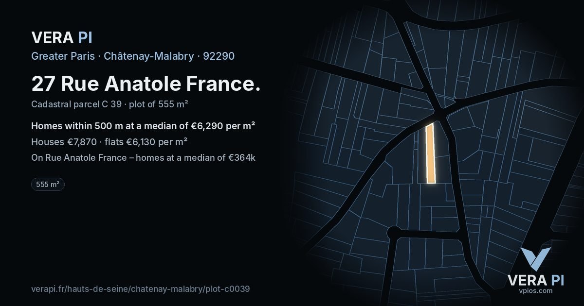 27 Rue Anatole France, Châtenay-Malabry at night – the plot lit, the parcels around coloured by the prices near them