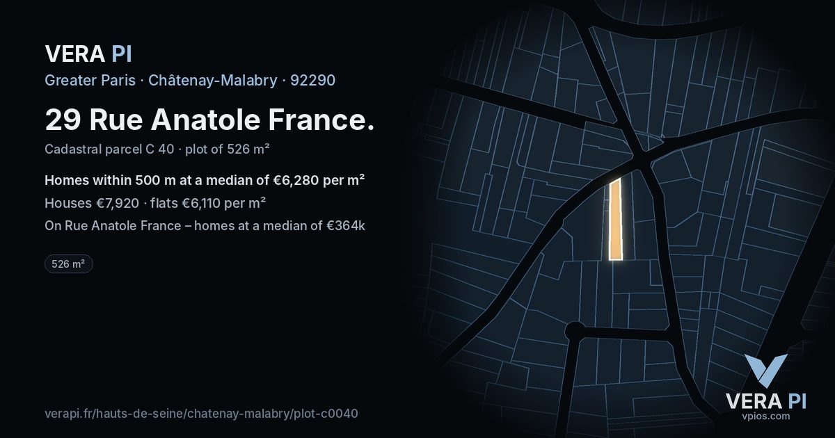 29 Rue Anatole France, Châtenay-Malabry at night – the plot lit, the parcels around coloured by the prices near them