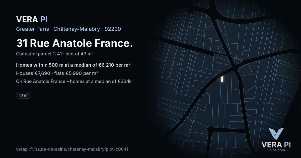 31 Rue Anatole France, Châtenay-Malabry at night – the plot lit, the parcels around coloured by the prices near them