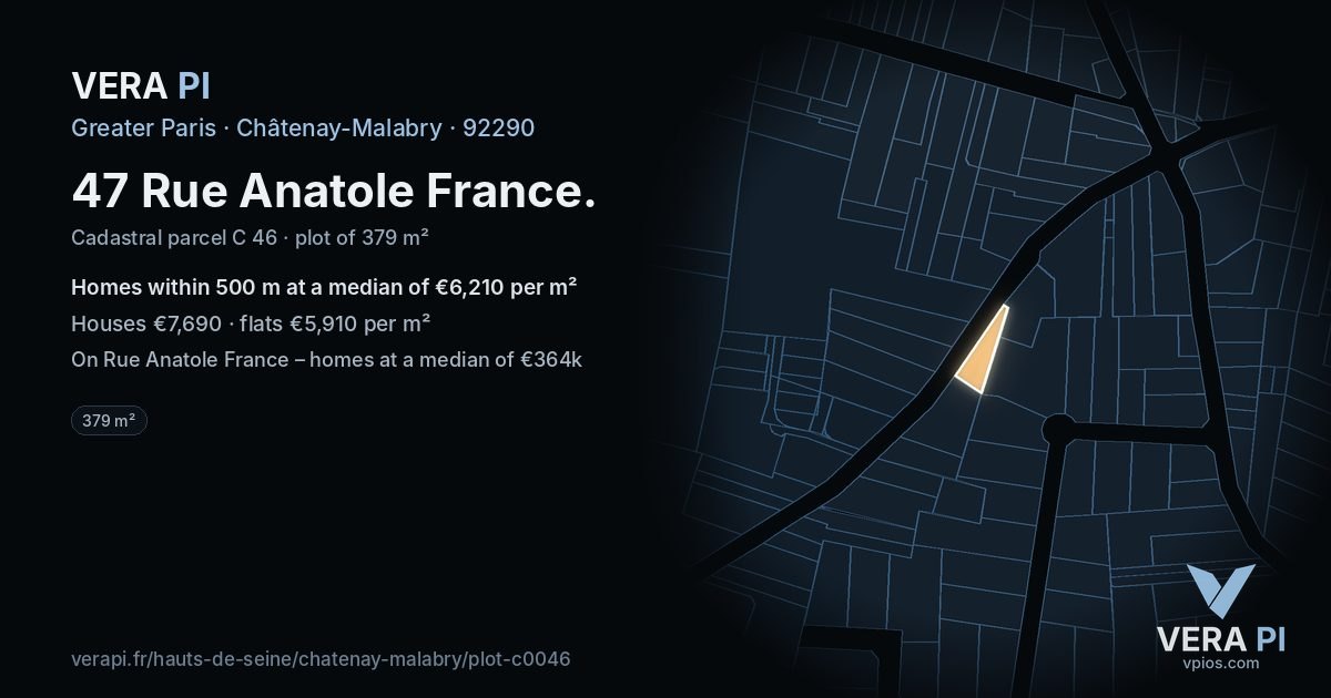 47 Rue Anatole France, Châtenay-Malabry at night – the plot lit, the parcels around coloured by the prices near them
