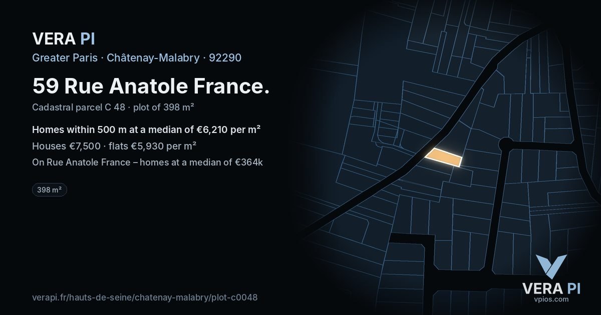 59 Rue Anatole France, Châtenay-Malabry at night – the plot lit, the parcels around coloured by the prices near them