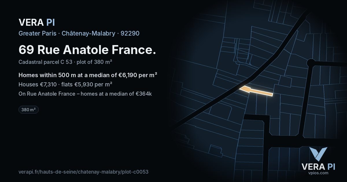 69 Rue Anatole France, Châtenay-Malabry at night – the plot lit, the parcels around coloured by the prices near them