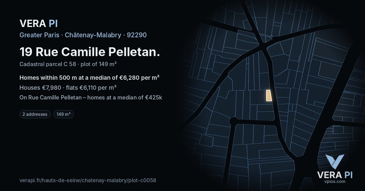19 Rue Camille Pelletan, Châtenay-Malabry at night – the plot lit, the parcels around coloured by the prices near them