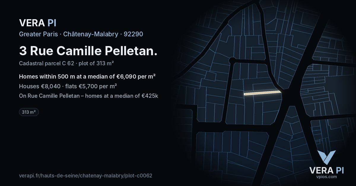 3 Rue Camille Pelletan, Châtenay-Malabry at night – the plot lit, the parcels around coloured by the prices near them