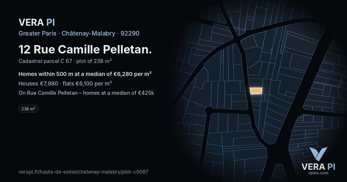 12 Rue Camille Pelletan, Châtenay-Malabry at night – the plot lit, the parcels around coloured by the prices near them