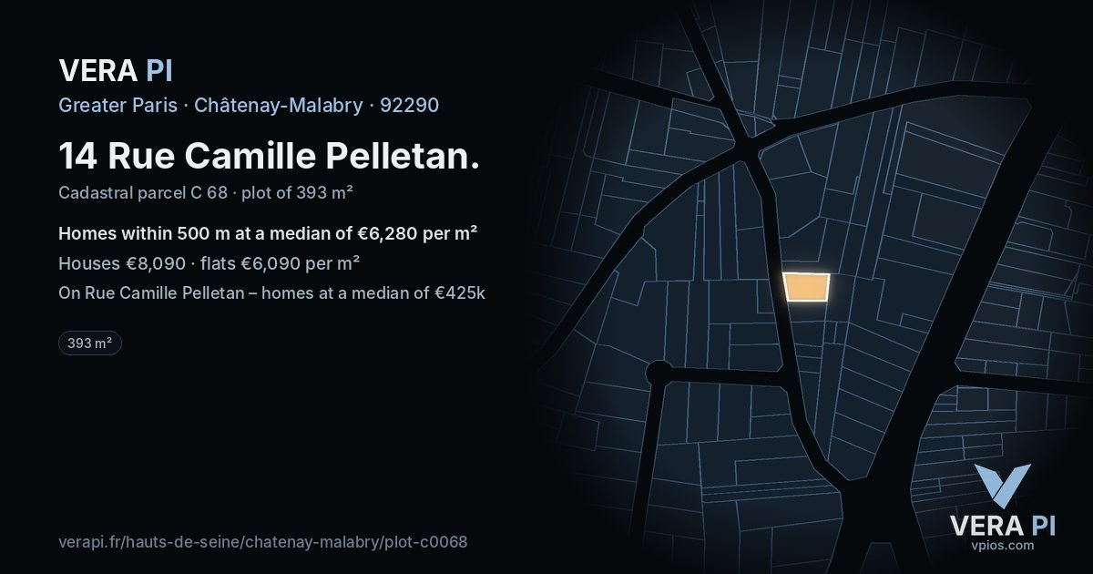 14 Rue Camille Pelletan, Châtenay-Malabry at night – the plot lit, the parcels around coloured by the prices near them