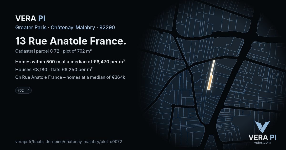 13 Rue Anatole France, Châtenay-Malabry at night – the plot lit, the parcels around coloured by the prices near them